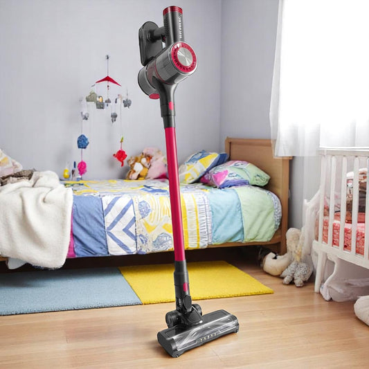 Aspirator vertical cu fir, 900W, fara sac, capacitate 0.7L, raza de actiune 6m, filtru HEPA, rosu