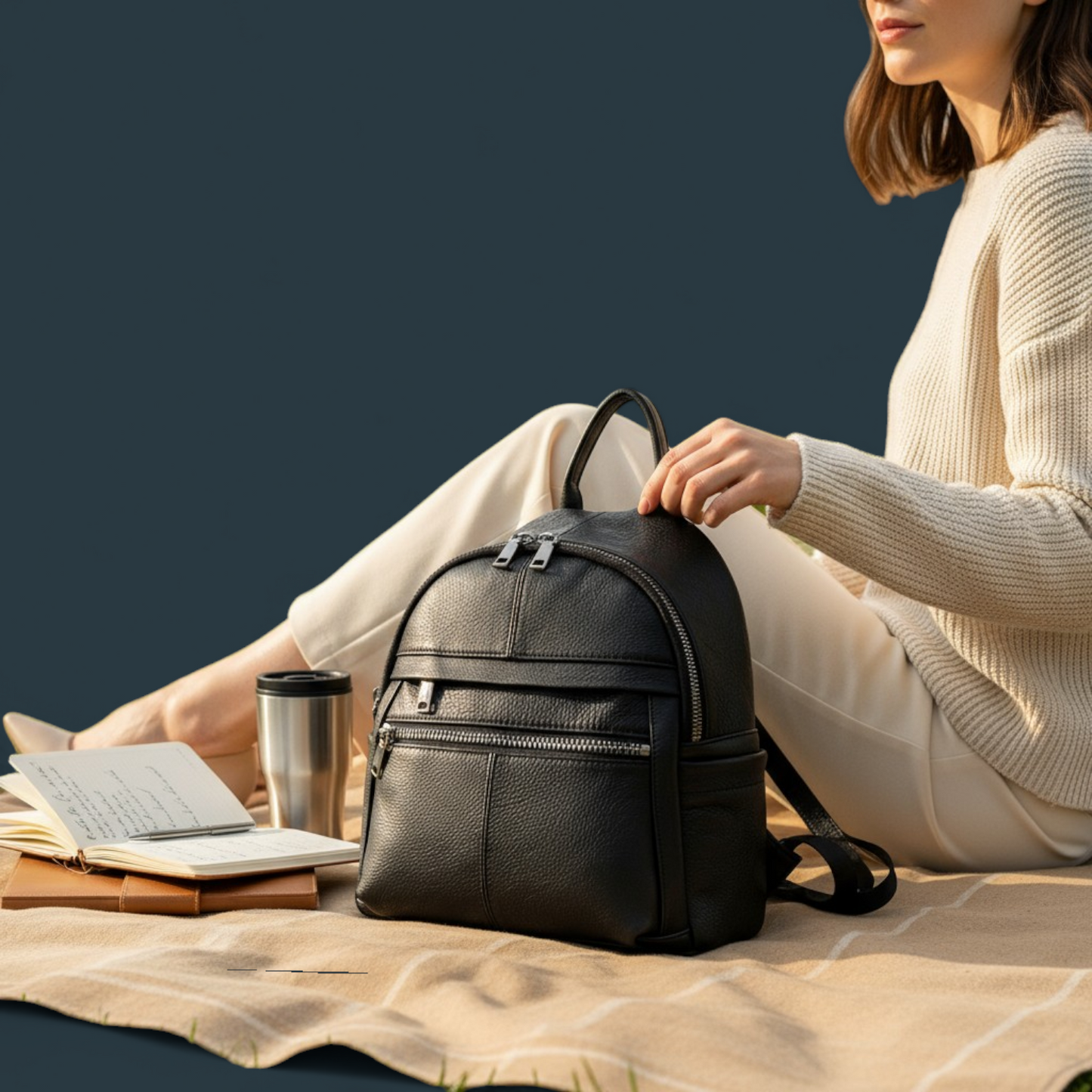 Geanta dama tip rucsac, Lucmark, piele naturala, compartimentare eficienta, design clasic, dimensiuni 25 x 10 x 27 cm, Negru