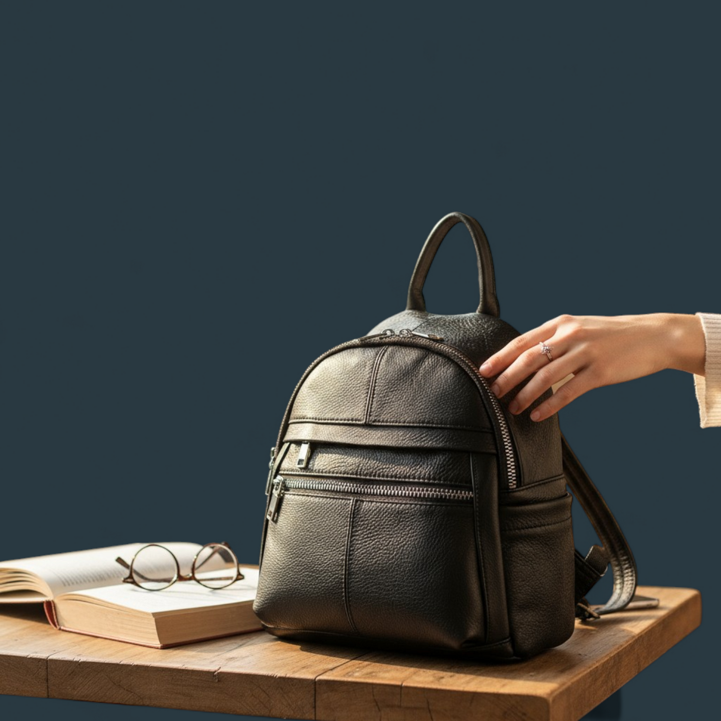 Geanta dama tip rucsac, Lucmark, piele naturala, compartimentare eficienta, design clasic, dimensiuni 25 x 10 x 27 cm, Negru