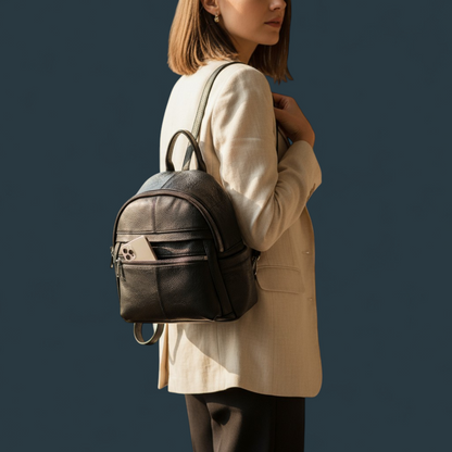 Geanta dama tip rucsac, Lucmark, piele naturala, compartimentare eficienta, design clasic, dimensiuni 25 x 10 x 27 cm, Negru