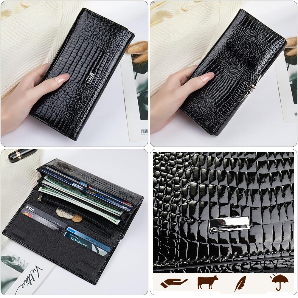 Portofel dama, Lucmark, piele naturala cu aspect lacuit, compartiment telefon, 2 compartimente card SD, inchidere magnetica, 19 x 3 x 10 cm, Negru