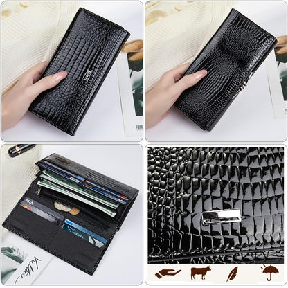 Portofel dama, Lucmark, piele naturala cu aspect lacuit, compartiment telefon, 2 compartimente card SD, inchidere magnetica, 19 x 3 x 10 cm, Negru