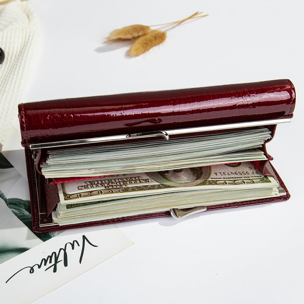 Portofel dama, Lucmark, piele naturala cu aspect lacuit, compartiment telefon, 2 compartimente card SD, inchidere magnetica, 19 x 3 x 10 cm, Visiniu