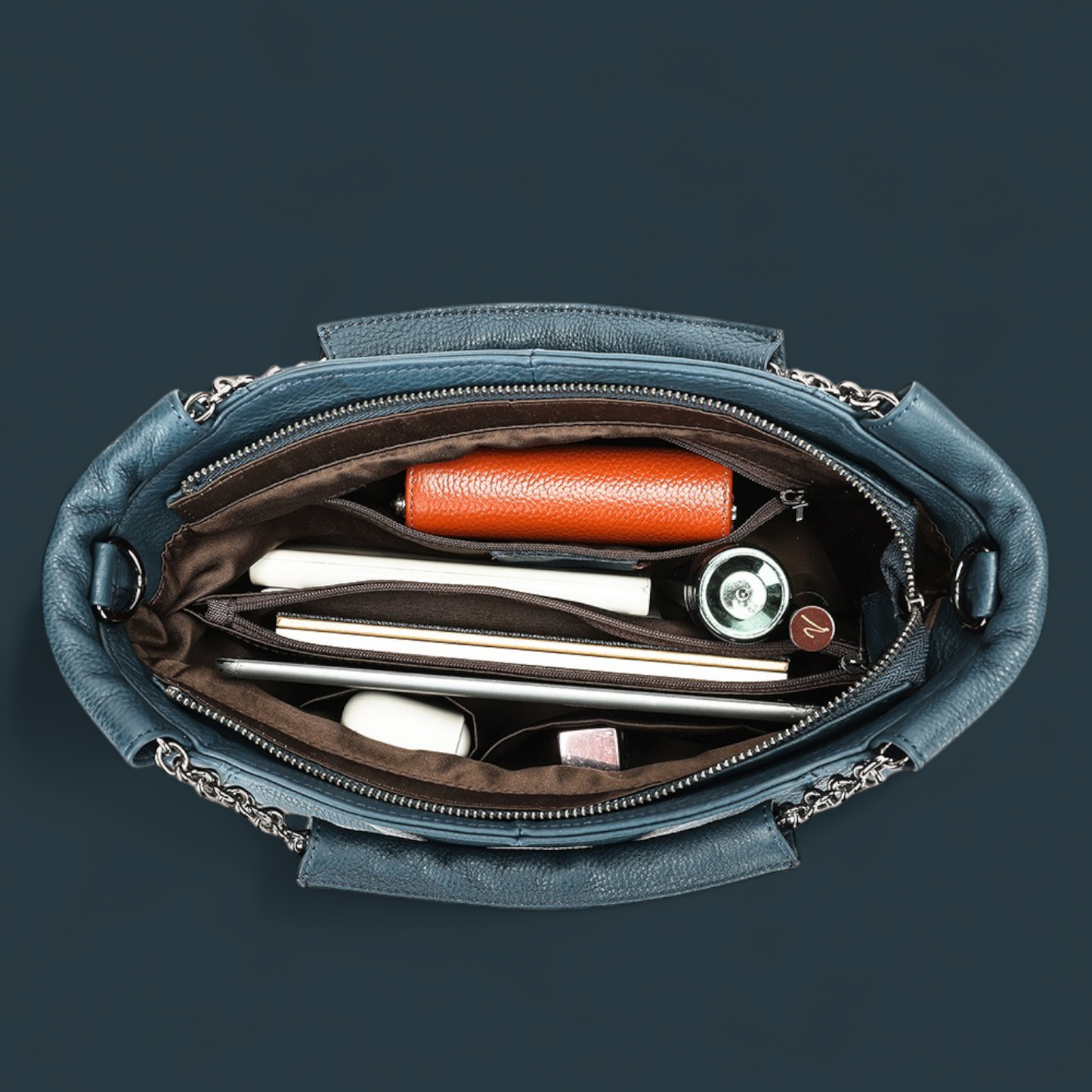 Geanta dama din piele naturala, Lucmark, curea de umar reglabila si detasabila, 30 x 13 x 22 cm, capacitate generoasa, albastru