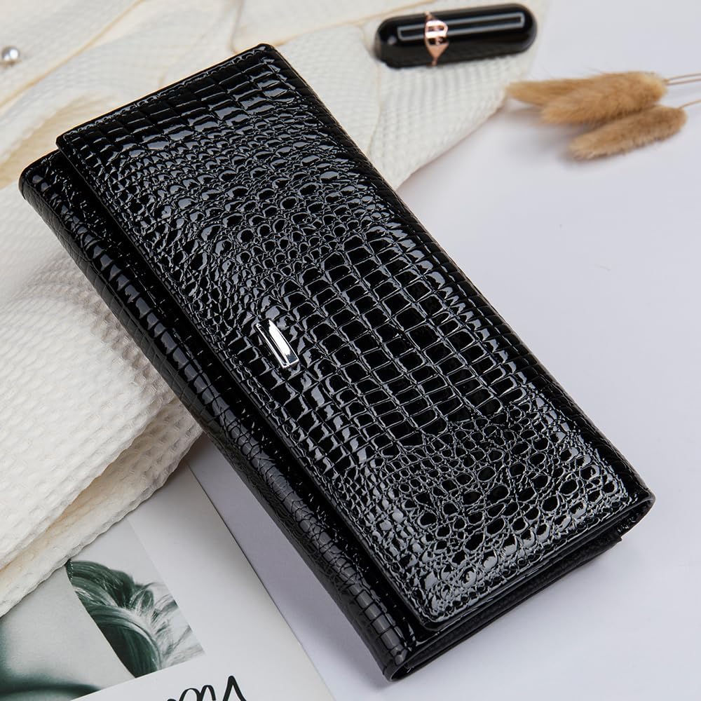 Portofel dama, Lucmark, piele naturala cu aspect lacuit, compartiment telefon, 2 compartimente card SD, inchidere magnetica, 19 x 3 x 10 cm, Negru