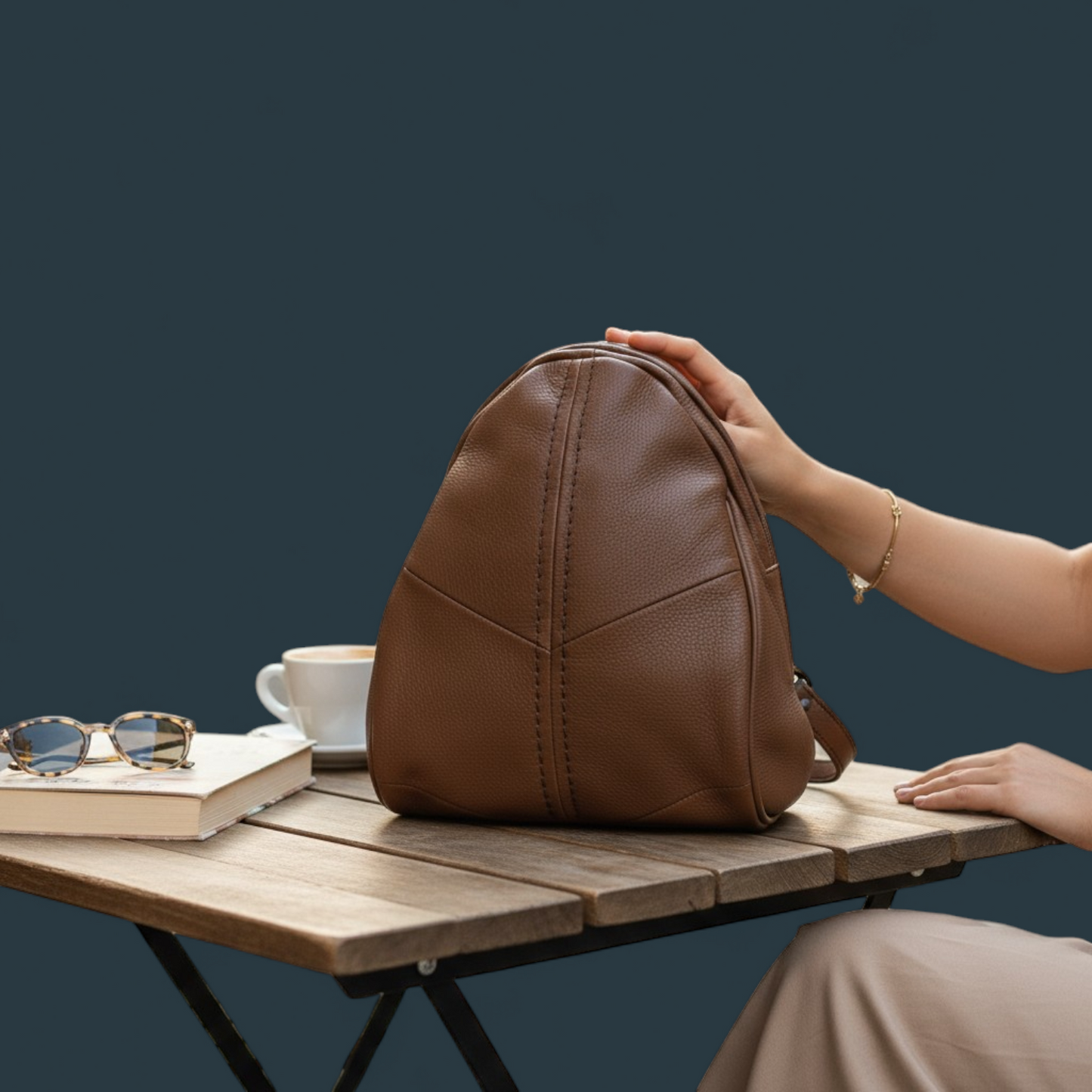 Geanta dama tip rucasc, Lucmark, piele naturala, design minimalist, compartimentare eficienta, dimensiuni 29, 5 x 15 x 23, 5 cm, Maro