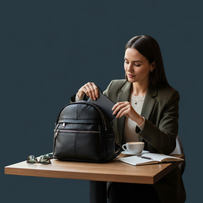 Geanta dama tip rucsac, Lucmark, piele naturala, compartimentare eficienta, design clasic, dimensiuni 25 x 10 x 27 cm, Negru