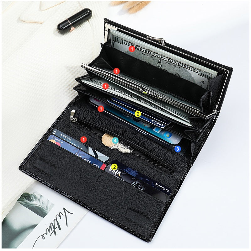 Portofel dama, Lucmark, piele naturala cu aspect lacuit, compartiment telefon, 2 compartimente card SD, inchidere magnetica, 19 x 3 x 10 cm, Negru