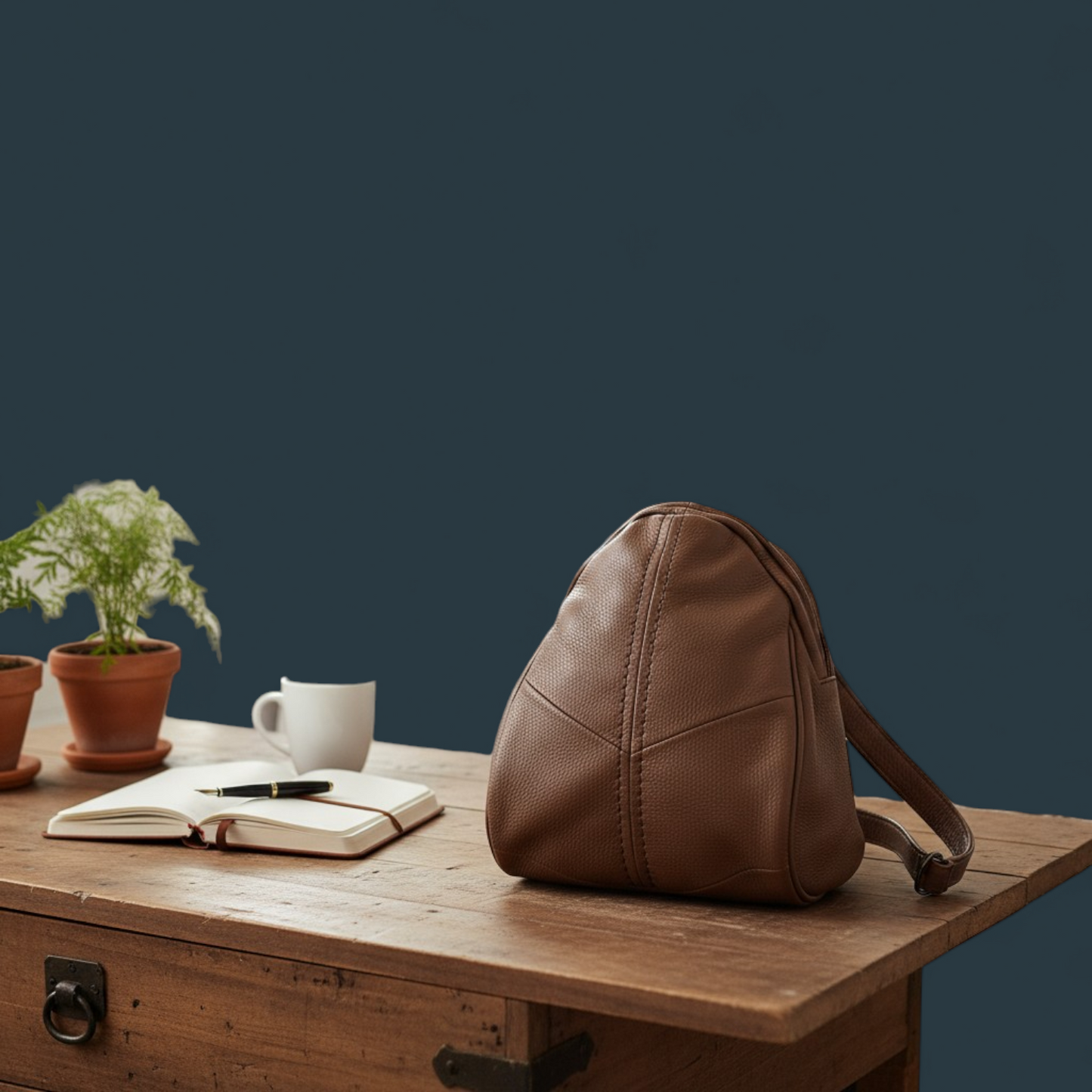 Geanta dama tip rucasc, Lucmark, piele naturala, design minimalist, compartimentare eficienta, dimensiuni 29, 5 x 15 x 23, 5 cm, Maro