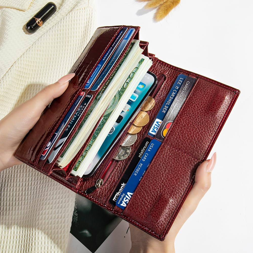 Portofel dama, Lucmark, piele naturala cu aspect lacuit, compartiment telefon, 2 compartimente card SD, inchidere magnetica, 19 x 3 x 10 cm, Visiniu