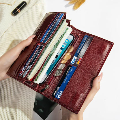 Portofel dama, Lucmark, piele naturala cu aspect lacuit, compartiment telefon, 2 compartimente card SD, inchidere magnetica, 19 x 3 x 10 cm, Visiniu