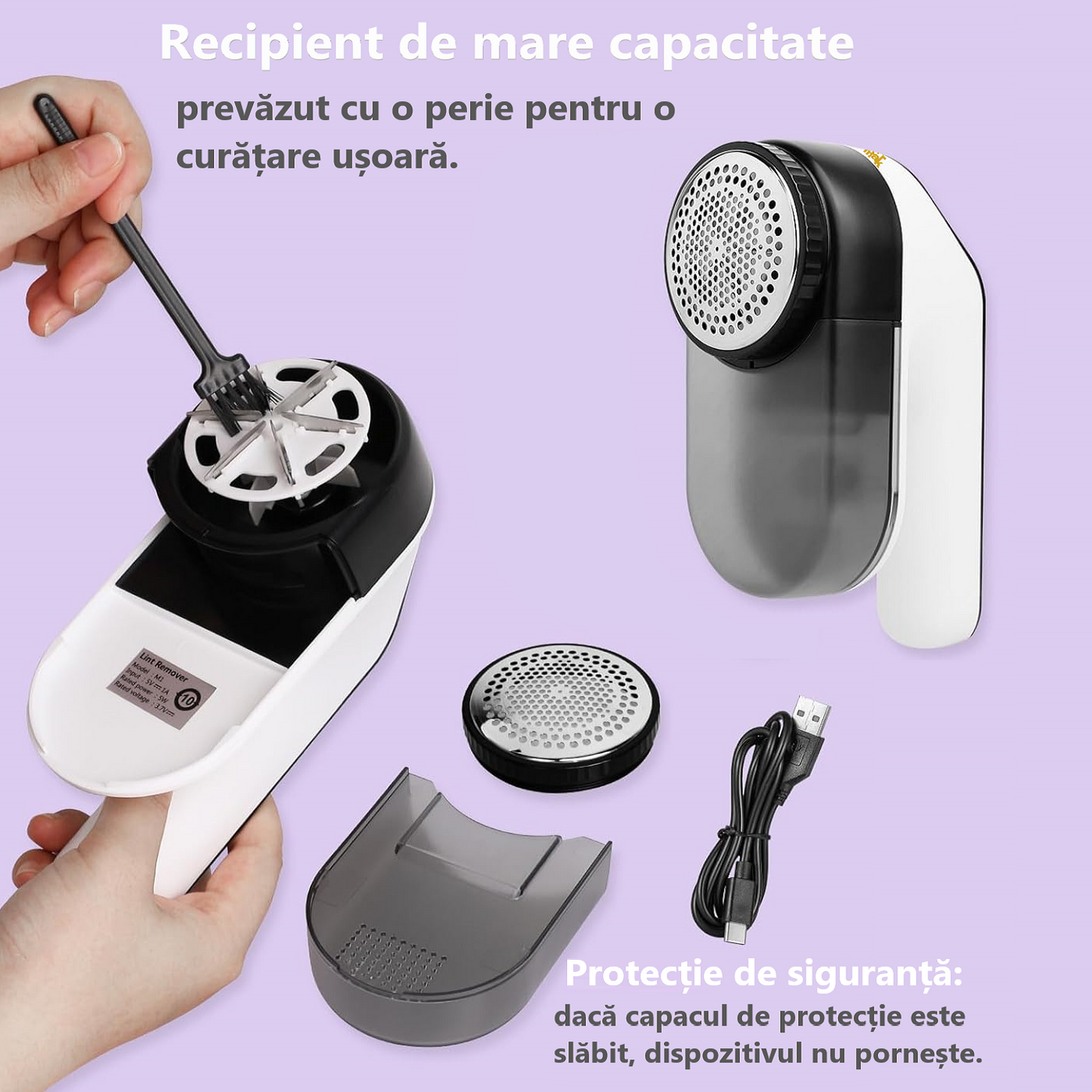 Aparat electric pentru indepartarea scamelor, Lucmark, Acumulator, Portabil, 9000 rpm, Alb-negru