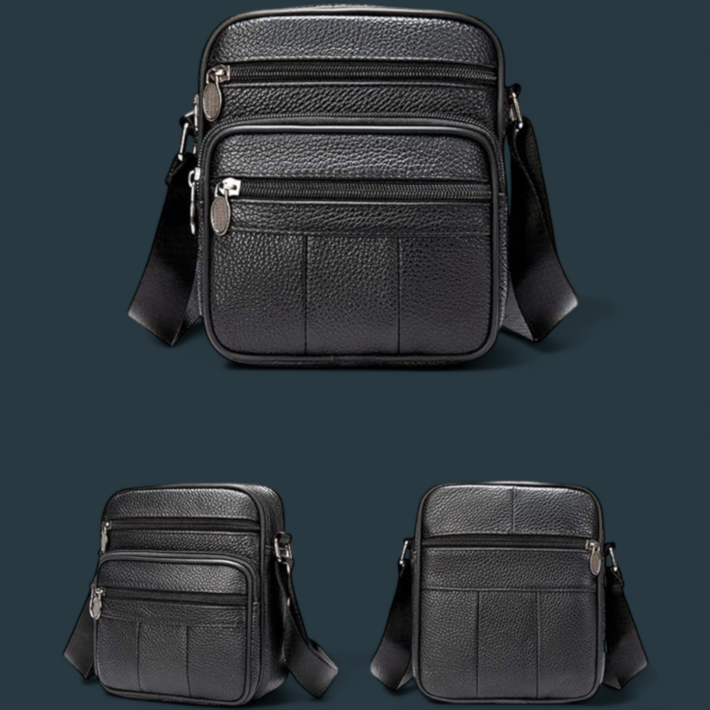 Geanta de umar pentru barbati, Lucmark, piele naturala, curea reglabila, dimeniuni 19 x 16 x 5 cm, Negru