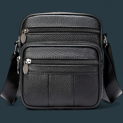 Geanta de umar pentru barbati, Lucmark, piele naturala, curea reglabila, dimeniuni 19 x 16 x 5 cm, Negru