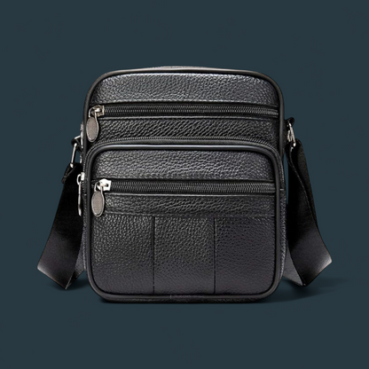 Geanta de umar pentru barbati, Lucmark, piele naturala, curea reglabila, dimeniuni 19 x 16 x 5 cm, Negru