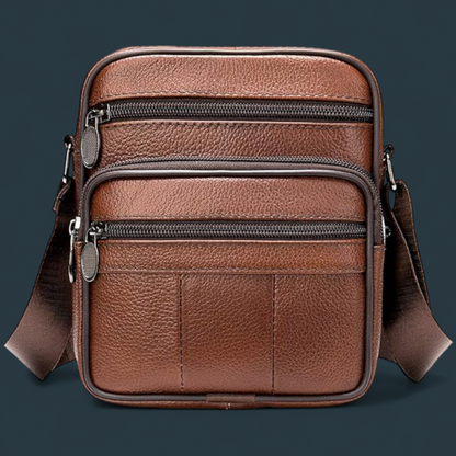 Geanta de umar pentru barbati, Lucmark, piele naturala, curea reglabila, dimeniuni 19 x 16 x 5 cm, Maro