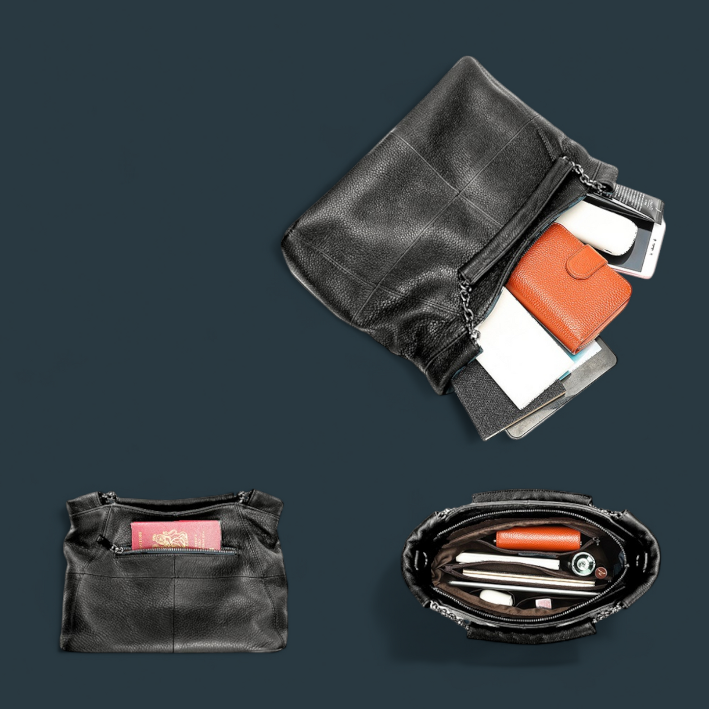 Geanta dama din piele naturala, Lucmark, curea de umar reglabila si detasabila, 30 x 13 x 22 cm, capacitate generoasa, negru