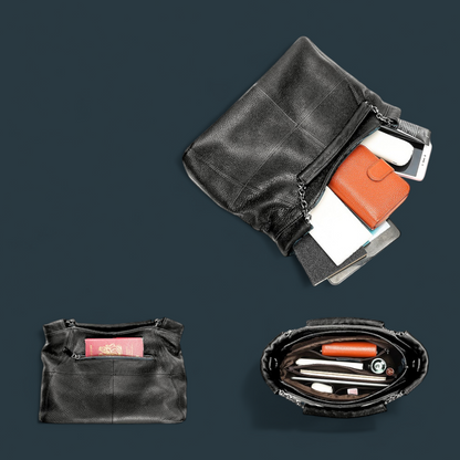 Geanta dama din piele naturala, Lucmark, curea de umar reglabila si detasabila, 30 x 13 x 22 cm, capacitate generoasa, negru