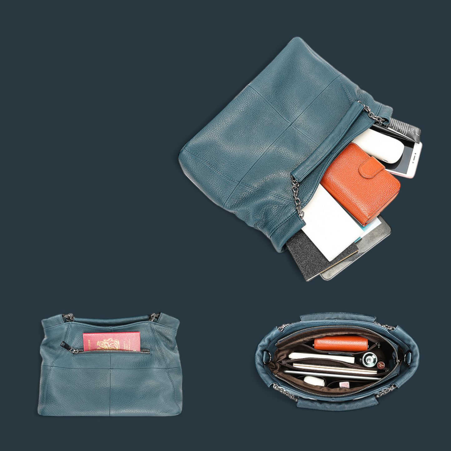 Geanta dama din piele naturala, Lucmark, curea de umar reglabila si detasabila, 30 x 13 x 22 cm, capacitate generoasa, albastru