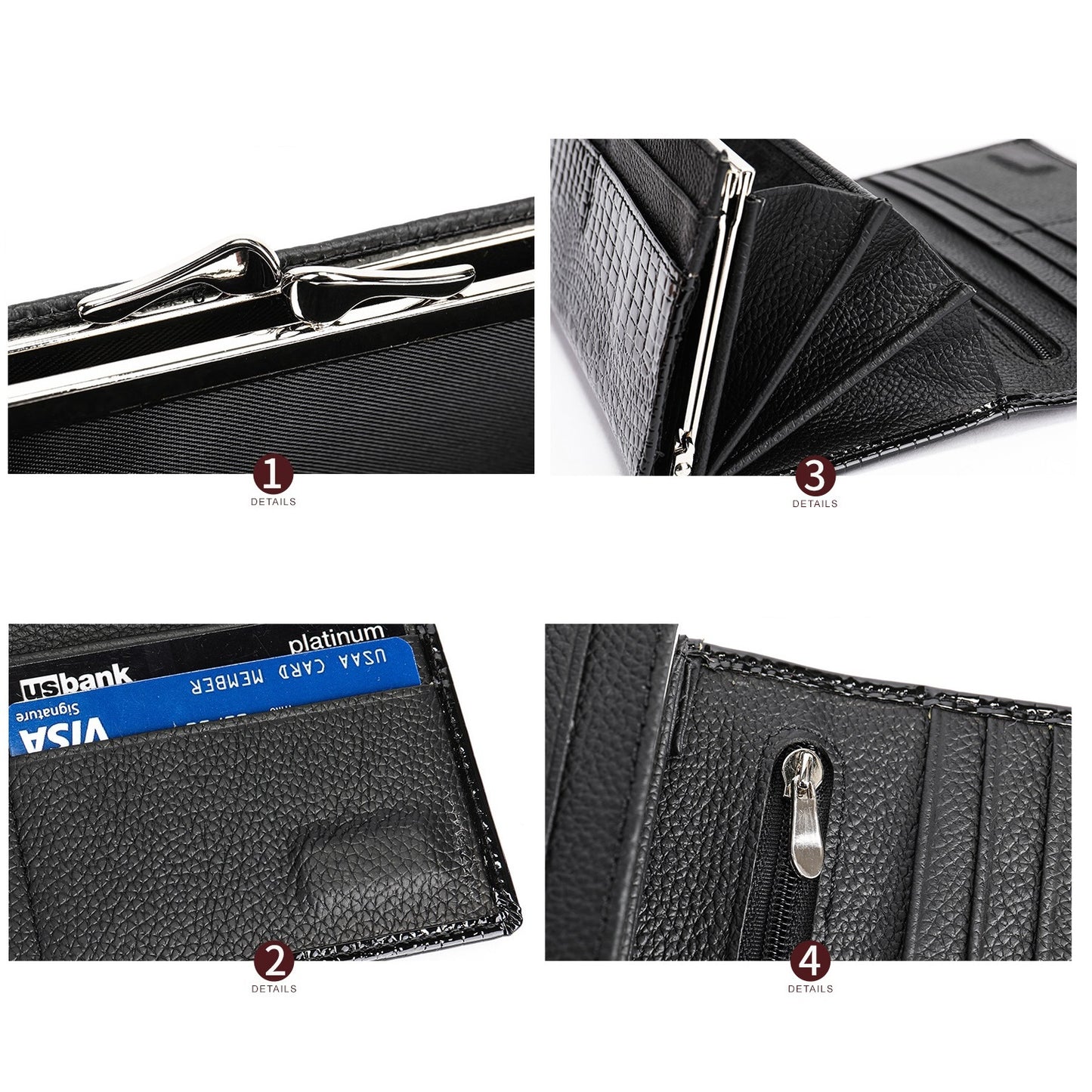 Portofel dama, Lucmark, piele naturala cu aspect lacuit, compartiment telefon, 2 compartimente card SD, inchidere magnetica, 19 x 3 x 10 cm, Negru