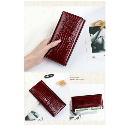 Portofel dama, Lucmark, piele naturala cu aspect lacuit, compartiment telefon, 2 compartimente card SD, inchidere magnetica, 19 x 3 x 10 cm, Visiniu