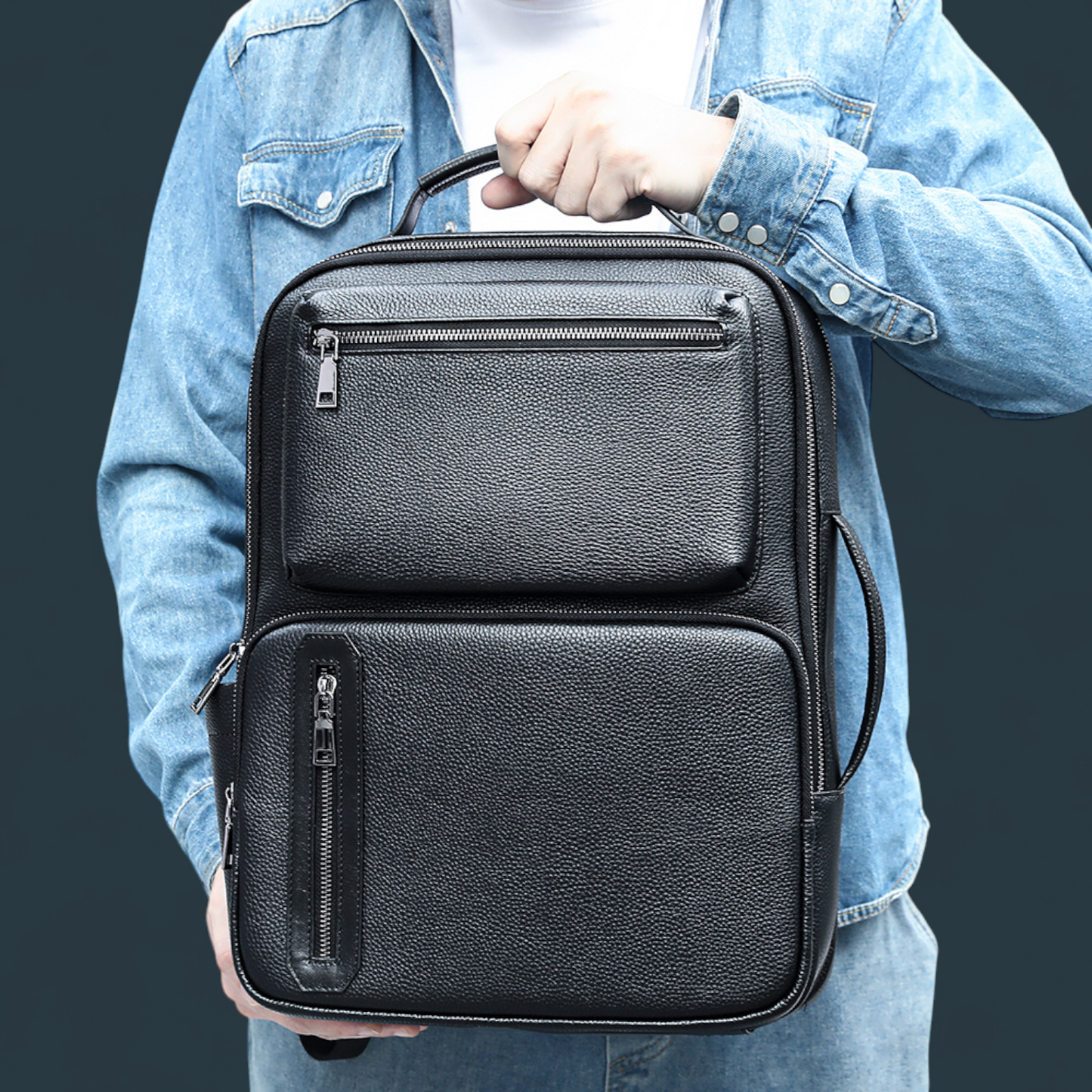 Geanta multifunctionala, Lucmark, piele naturala, 42x30x14 cm, compartiment laptop/tableta, prindere pe troler, spate captusit cu panouri buretate ergonomice, negru