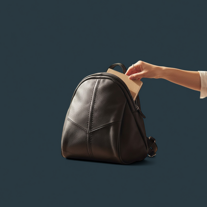 Geanta dama tip rucasc, Lucmark, piele naturala, design minimalist, compartimentare eficienta, dimensiuni 29,5 x 15 x 23,5 cm, negru