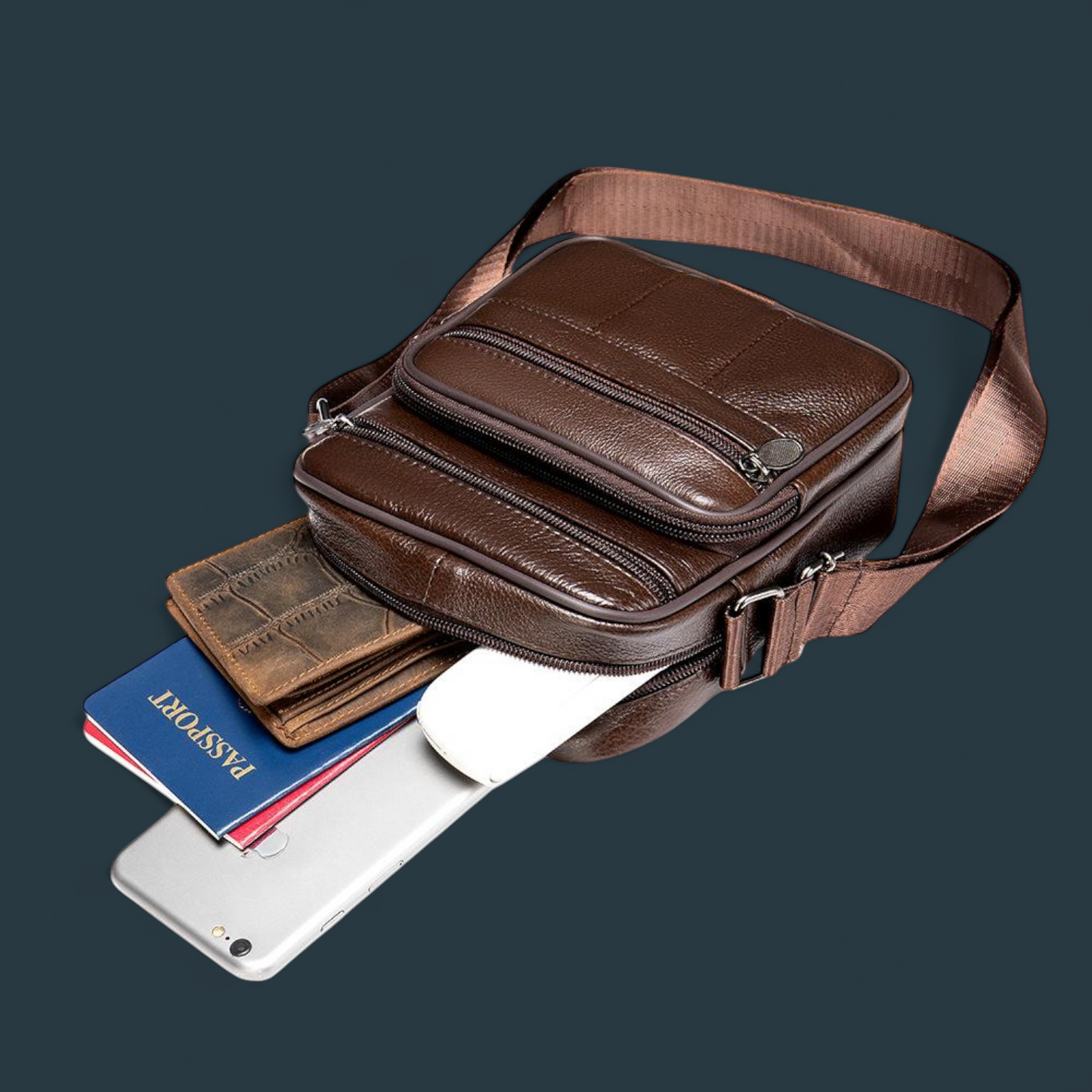 Geanta de umar pentru barbati, Lucmark, piele naturala, curea reglabila, dimeniuni 19 x 16 x 5 cm, Coffee