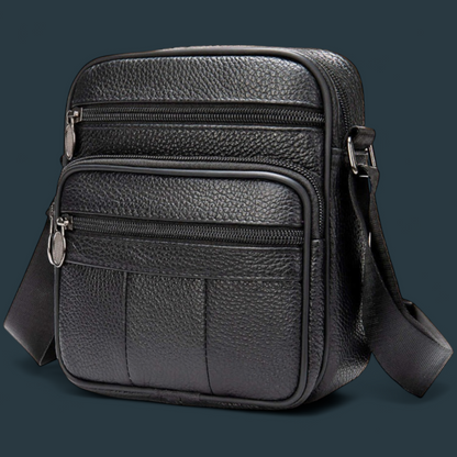 Geanta de umar pentru barbati, Lucmark, piele naturala, curea reglabila, dimeniuni 19 x 16 x 5 cm, Negru