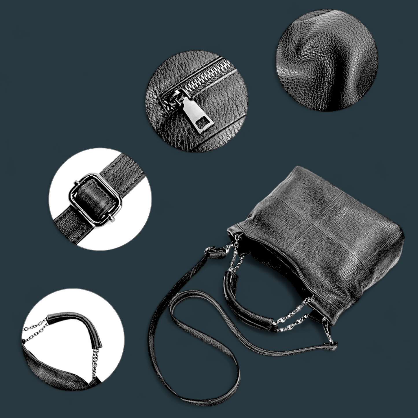 Geanta dama din piele naturala, Lucmark, curea de umar reglabila si detasabila, 30 x 13 x 22 cm, capacitate generoasa, negru