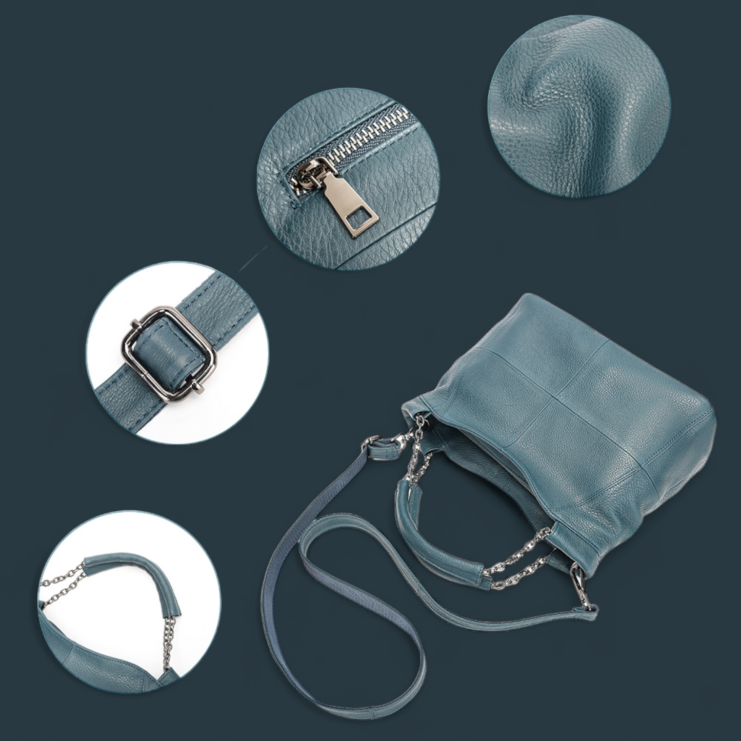 Geanta dama din piele naturala, Lucmark, curea de umar reglabila si detasabila, 30 x 13 x 22 cm, capacitate generoasa, albastru