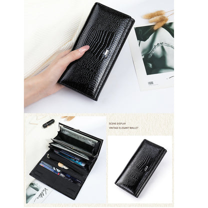 Portofel dama, Lucmark, piele naturala cu aspect lacuit, compartiment telefon, 2 compartimente card SD, inchidere magnetica, 19 x 3 x 10 cm, Negru