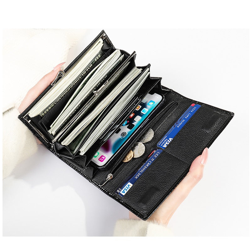 Portofel dama, Lucmark, piele naturala cu aspect lacuit, compartiment telefon, 2 compartimente card SD, inchidere magnetica, 19 x 3 x 10 cm, Negru