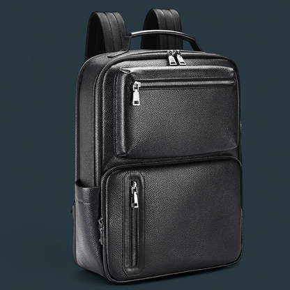 Geanta multifunctionala, Lucmark, piele naturala, 42x30x14 cm, compartiment laptop/tableta, prindere pe troler, spate captusit cu panouri buretate ergonomice, negru