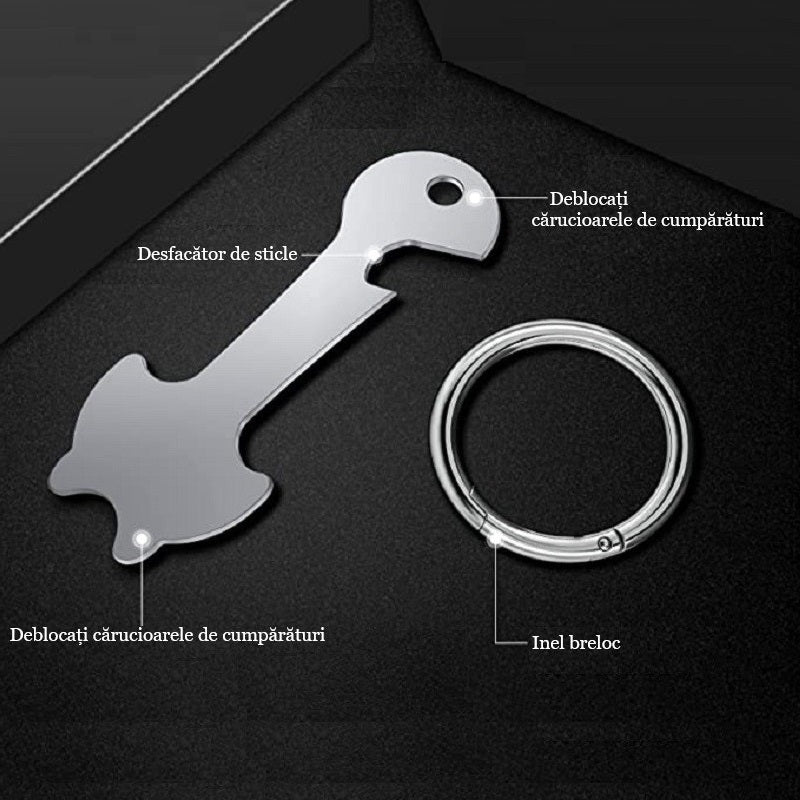 Breloc cu functie de deblocare cos de cumparaturi, Lucmark, desfacator de capace, otel inoxidabil, Argintiu