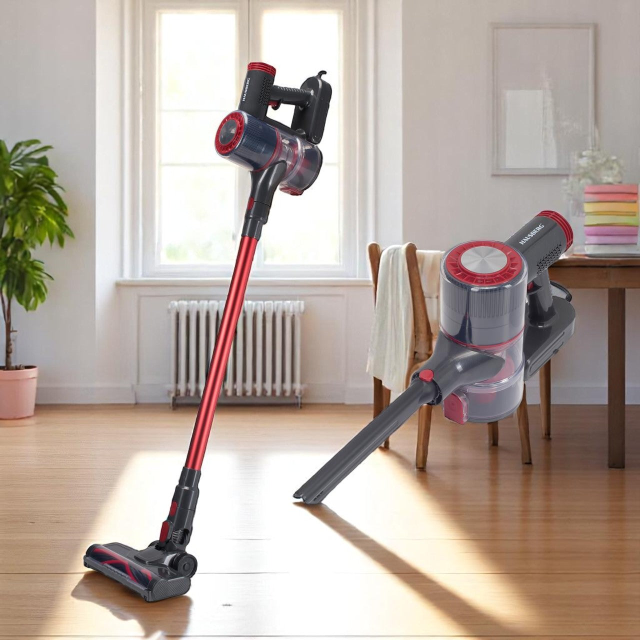 Aspirator vertical cu fir, 900W, fara sac, capacitate 0.7L, raza de actiune 6m, filtru HEPA, rosu