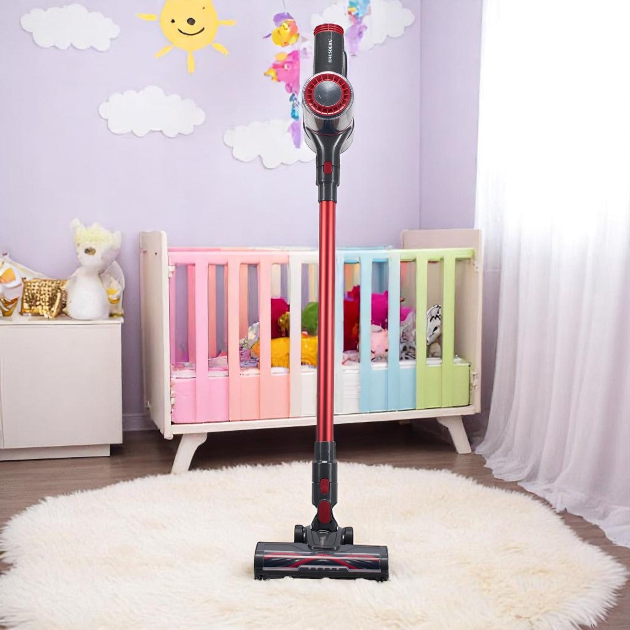 Aspirator vertical cu fir, 900W, fara sac, capacitate 0.7L, raza de actiune 6m, filtru HEPA, rosu