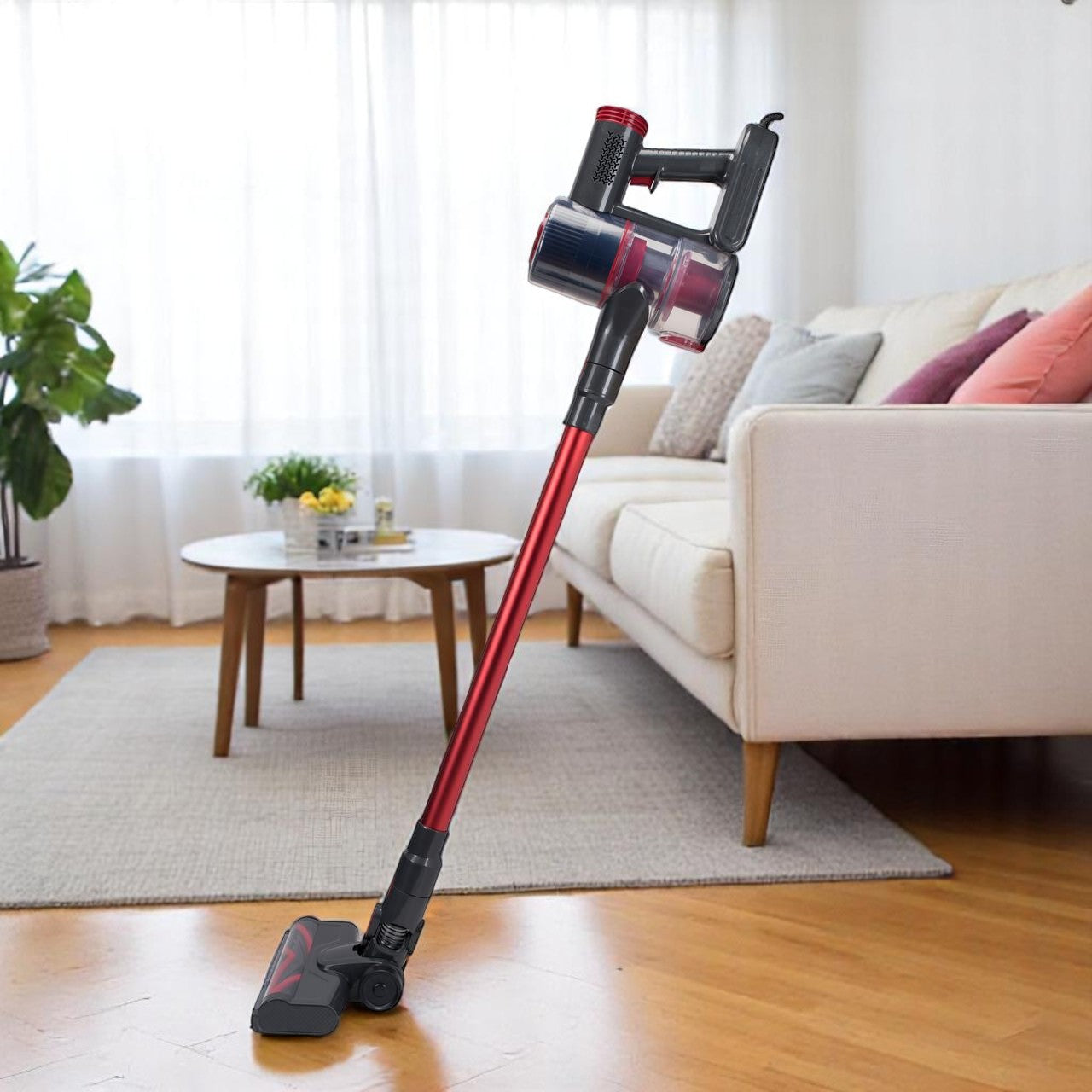 Aspirator vertical cu fir, 900W, fara sac, capacitate 0.7L, raza de actiune 6m, filtru HEPA, rosu