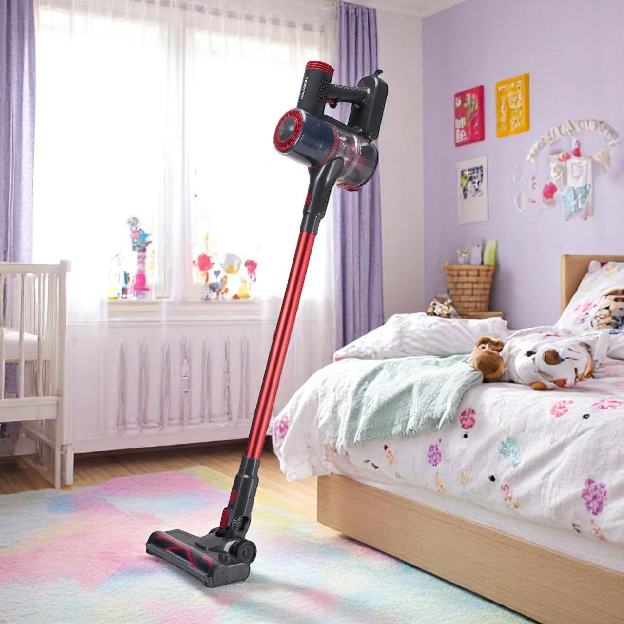 Aspirator vertical cu fir, 900W, fara sac, capacitate 0.7L, raza de actiune 6m, filtru HEPA, rosu