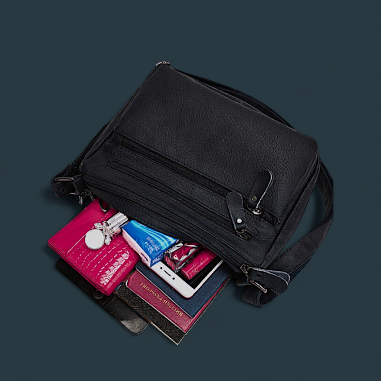 Geanta dama din piele naturala, Lucmark, design practic, compartimentare eficienta, curea reglabila, dimensiuni 24 x 10 x 18 cm, negru