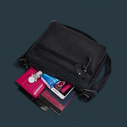 Geanta dama din piele naturala, Lucmark, design practic, compartimentare eficienta, curea reglabila, dimensiuni 24 x 10 x 18 cm, negru