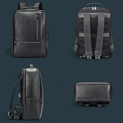 Rucsac multifunctional pentru barbati, Lucmark, piele naturala, 42×15×31 cm, compatibil cu troler, compartimente multiple, design premium, negru