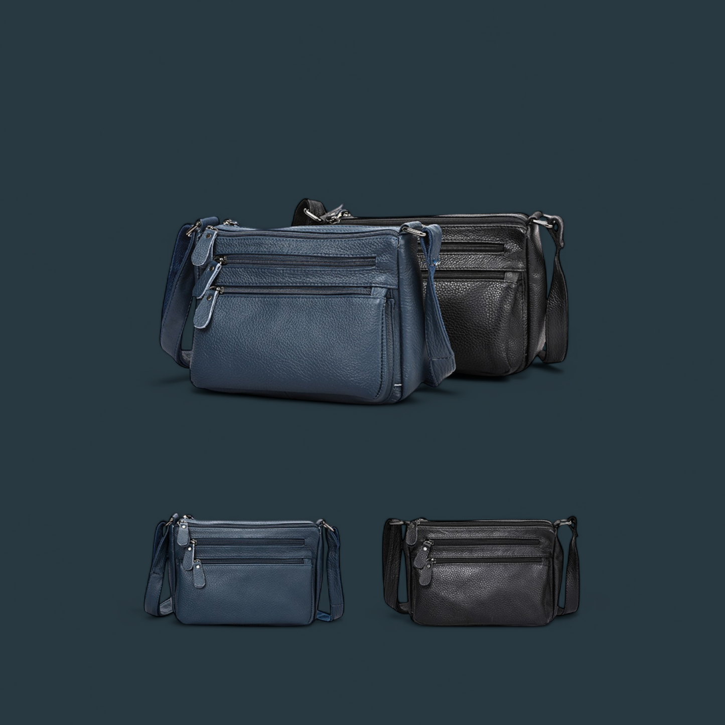 Geanta dama din piele naturala, Lucmark, design practic, compartimentare eficienta, curea reglabila, dimensiuni 24 x 10 x 18 cm, albastru