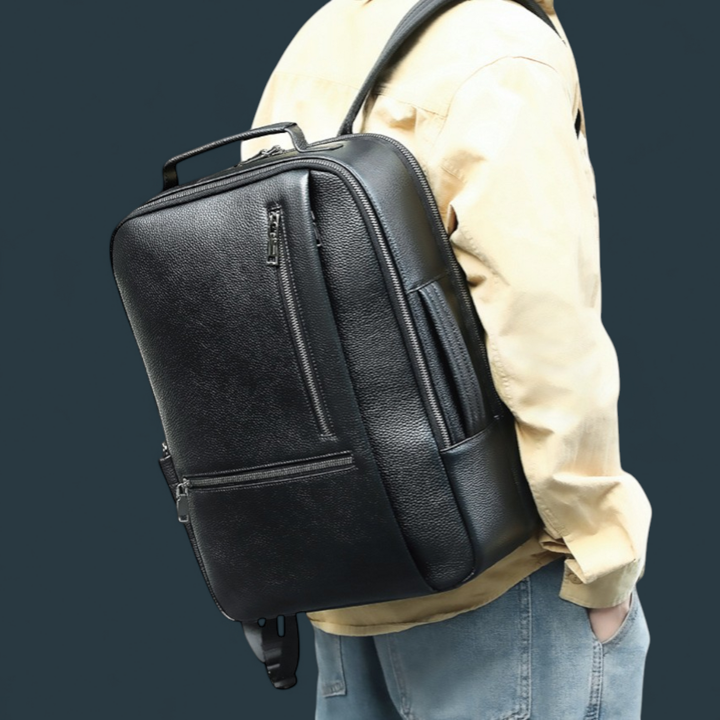 Rucsac multifunctional pentru barbati, Lucmark, piele naturala, 42×15×31 cm, compatibil cu troler, compartimente multiple, design premium, negru