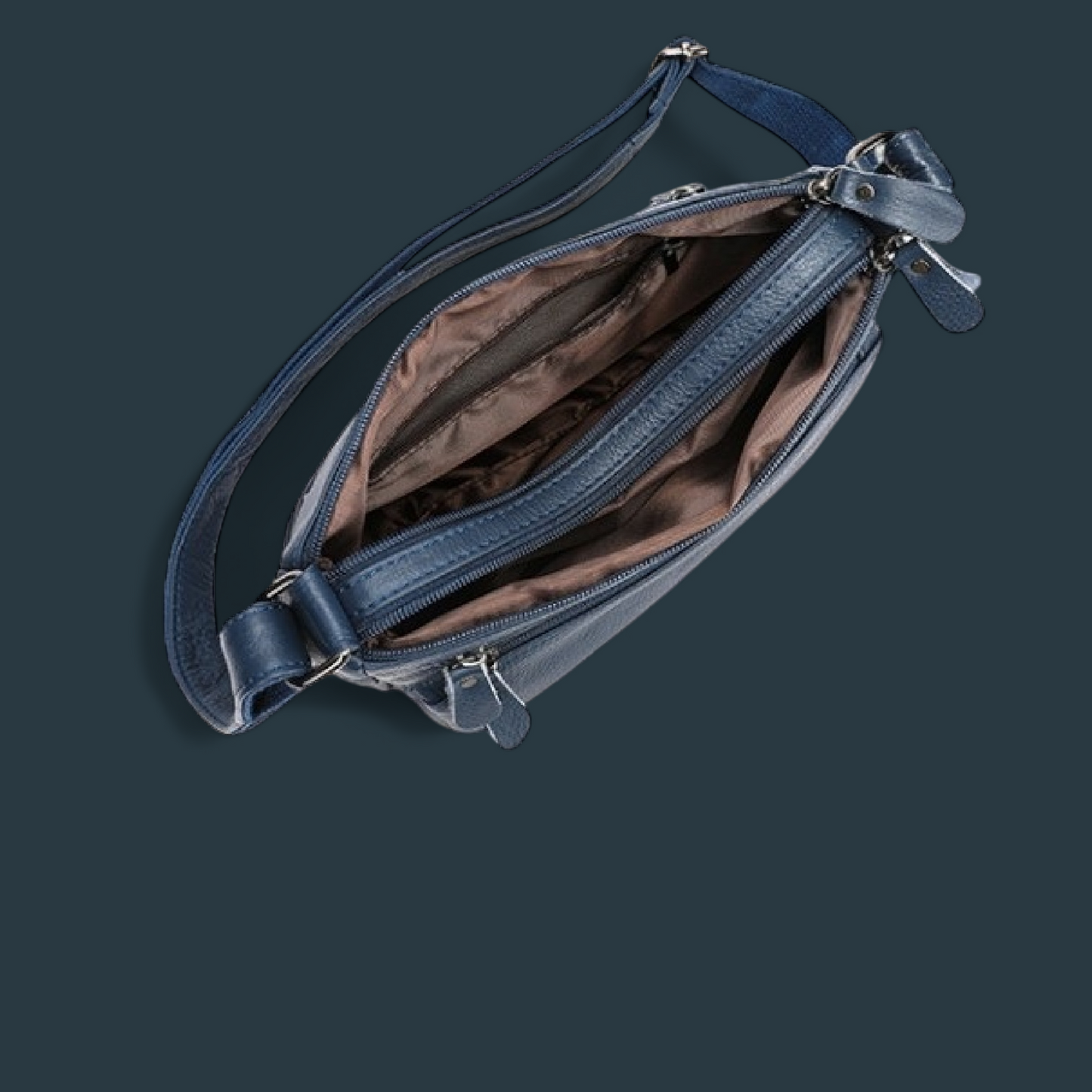 Geanta dama din piele naturala, Lucmark, design practic, compartimentare eficienta, curea reglabila, dimensiuni 24 x 10 x 18 cm, albastru