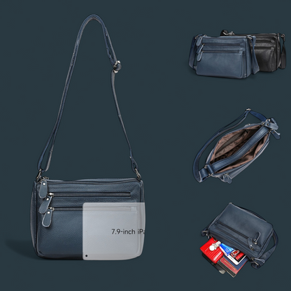 Geanta dama din piele naturala, Lucmark, design practic, compartimentare eficienta, curea reglabila, dimensiuni 24 x 10 x 18 cm, albastru