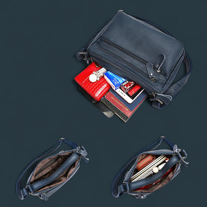 Geanta dama din piele naturala, Lucmark, design practic, compartimentare eficienta, curea reglabila, dimensiuni 24 x 10 x 18 cm, albastru