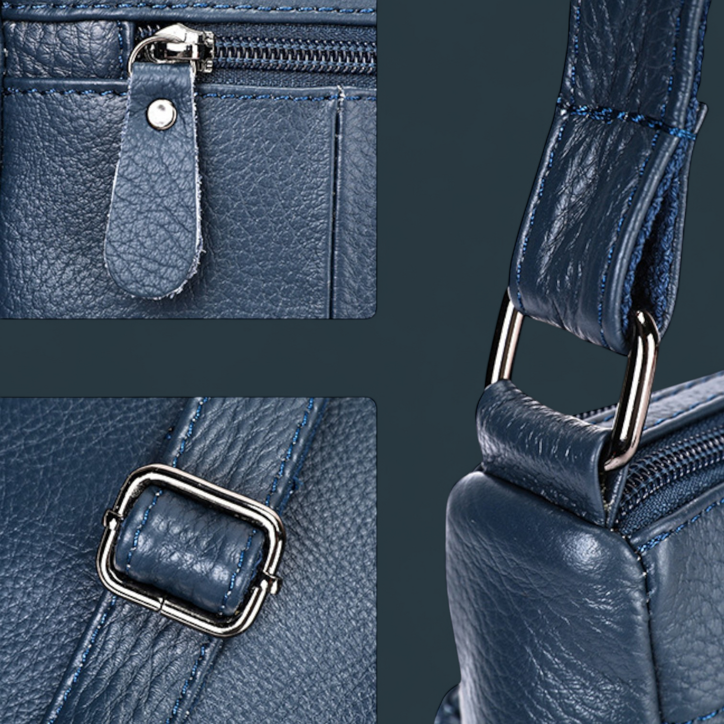 Geanta dama din piele naturala, Lucmark, design practic, compartimentare eficienta, curea reglabila, dimensiuni 24 x 10 x 18 cm, albastru