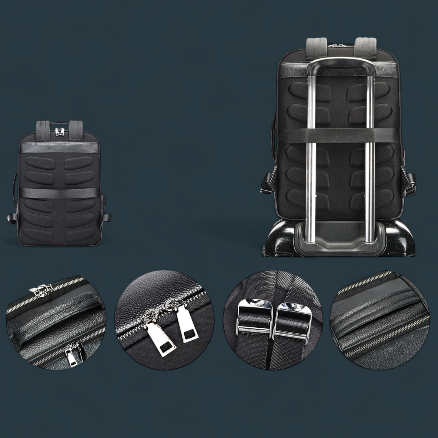 Rucsac multifunctional pentru barbati, Lucmark, piele naturala, 42×15×31 cm, compatibil cu troler, compartimente multiple, design premium, negru