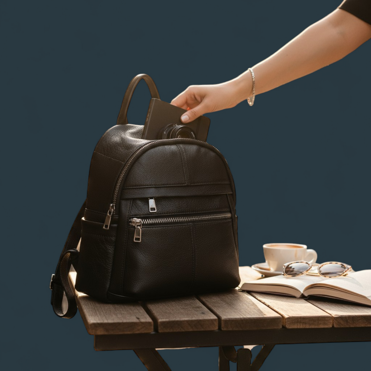 Geanta dama tip rucsac, Lucmark, piele naturala, compartimentare eficienta, design clasic, dimensiuni 25 x 10 x 27 cm, Negru